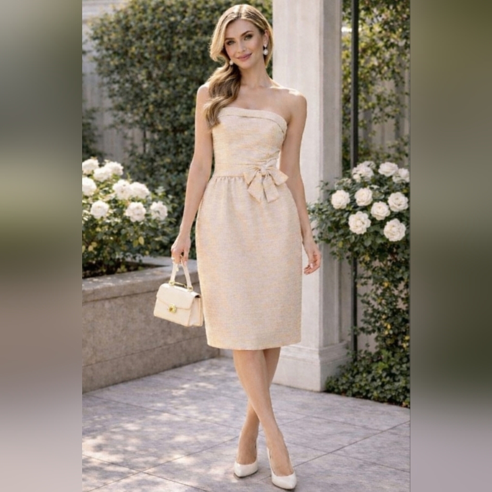 Kate Spade Sz 14 Strapless Midi Dress Neutral Bow Waist Elegant Knee Length Chic